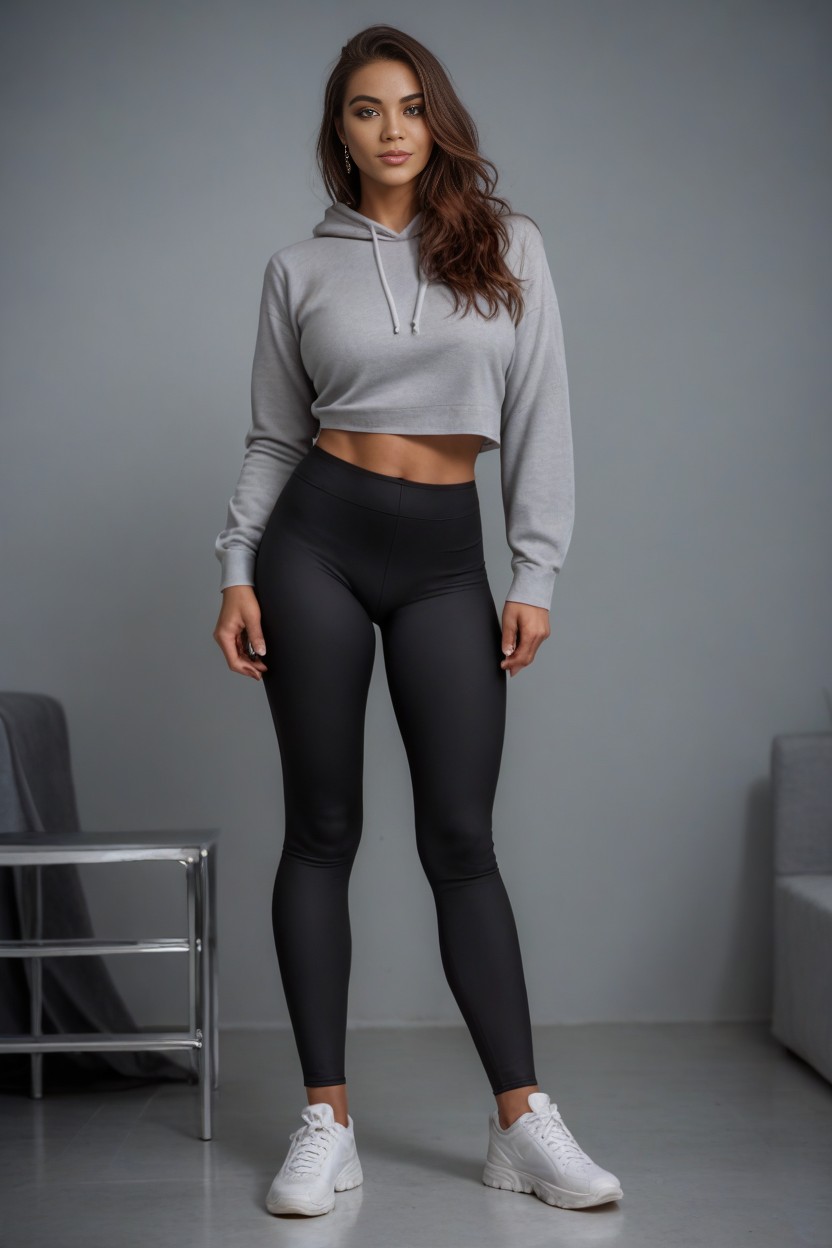 Bergundy Yoga Pants, Gorgeous Model, Long Flowing Brown Hair AI Porn