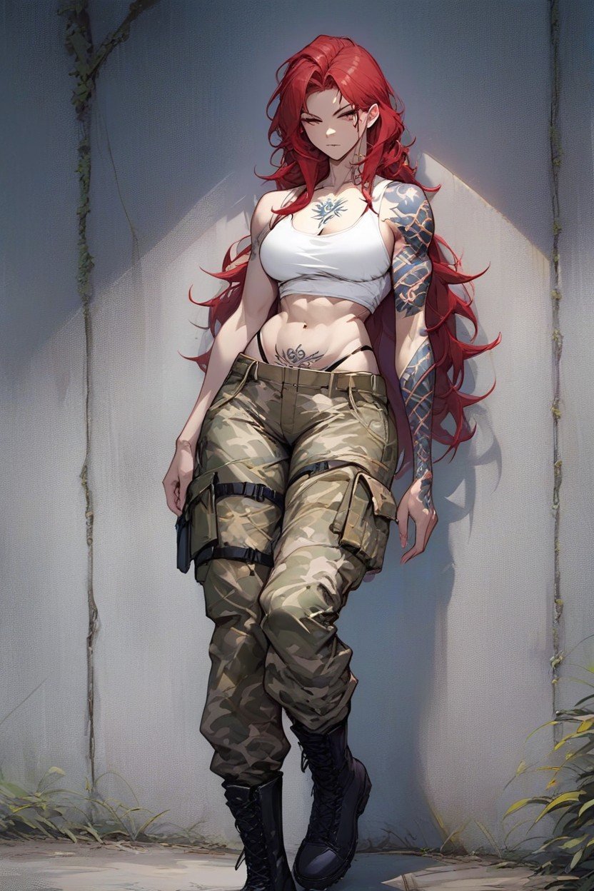 Arm Tattoo, Wide Cargo Pants, White TanktopPorno AI