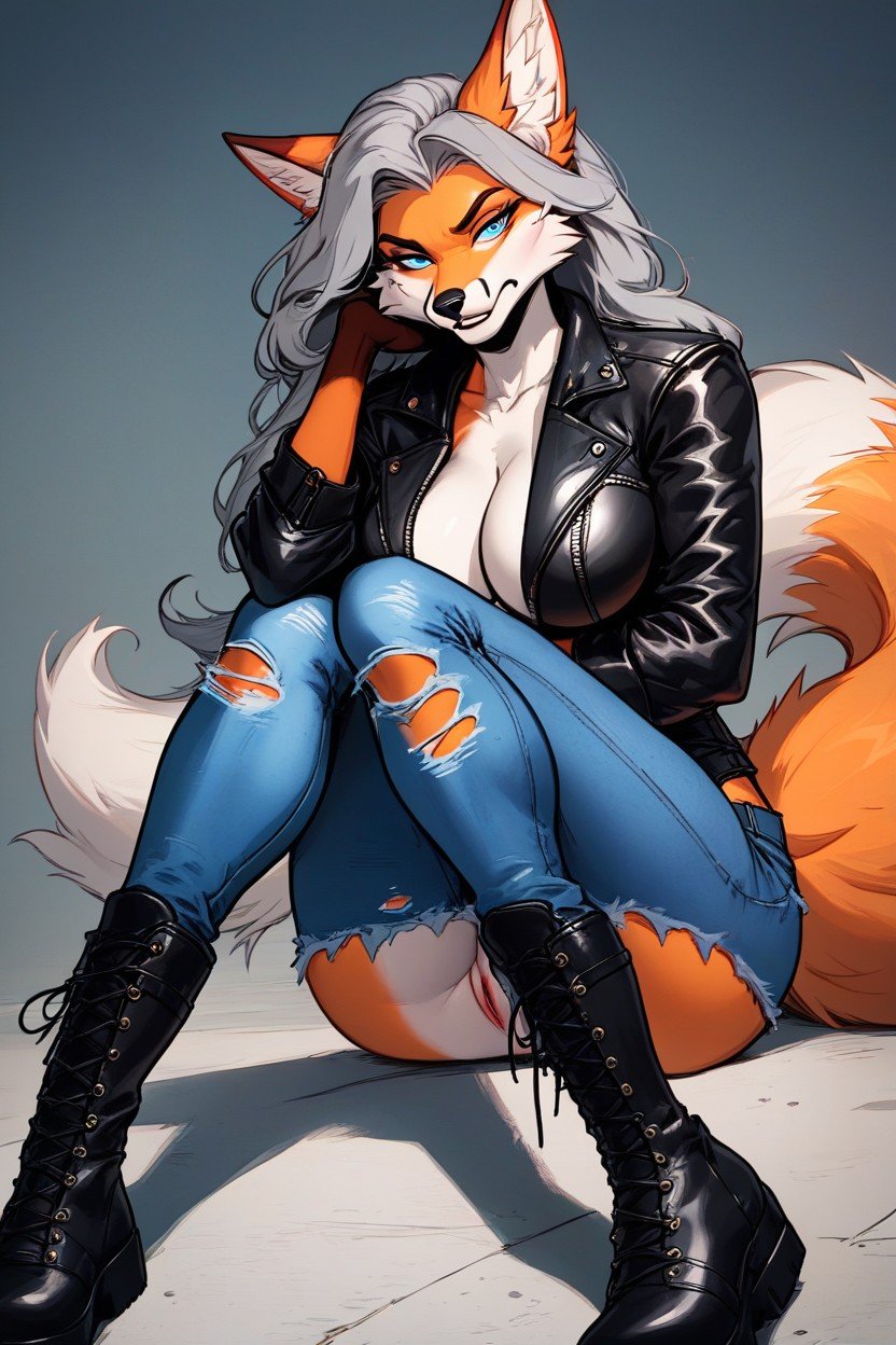 Ripped Jeans At The Knees, Harley Davidson Boots, Fox Furry AI Porn