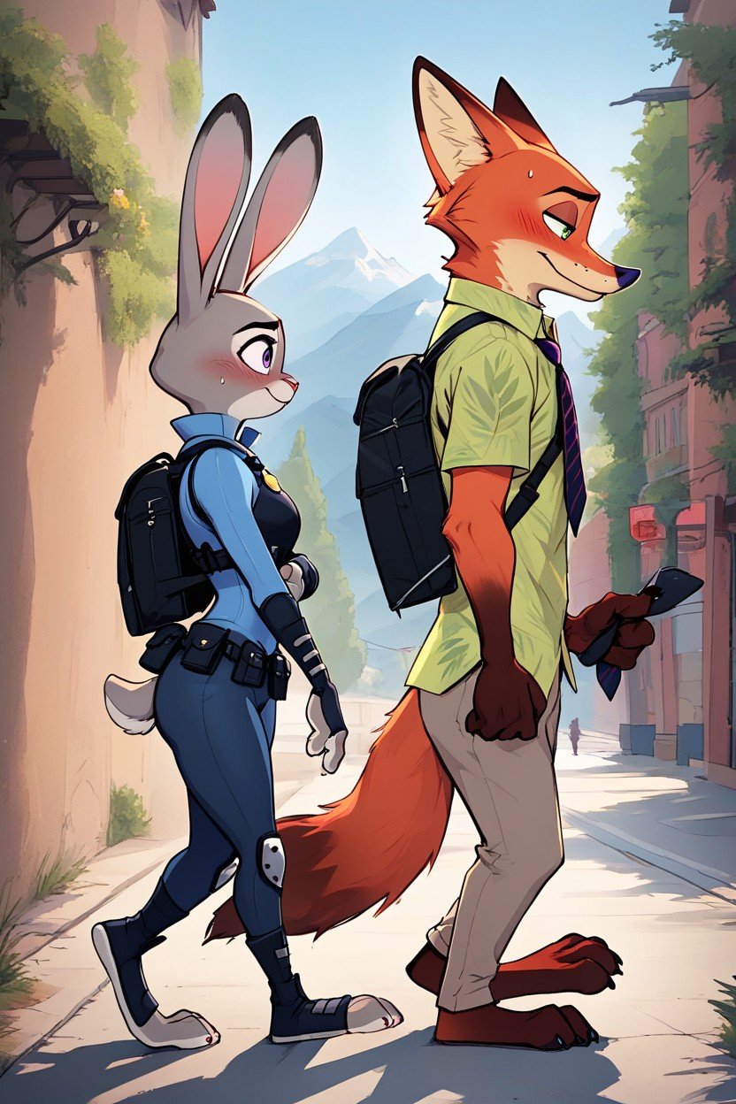 Judy Hopps From Zootopia With Nick Wilde, Cuerpo Completo, Judy Is Pointing Off To The SidePorno AI Furry