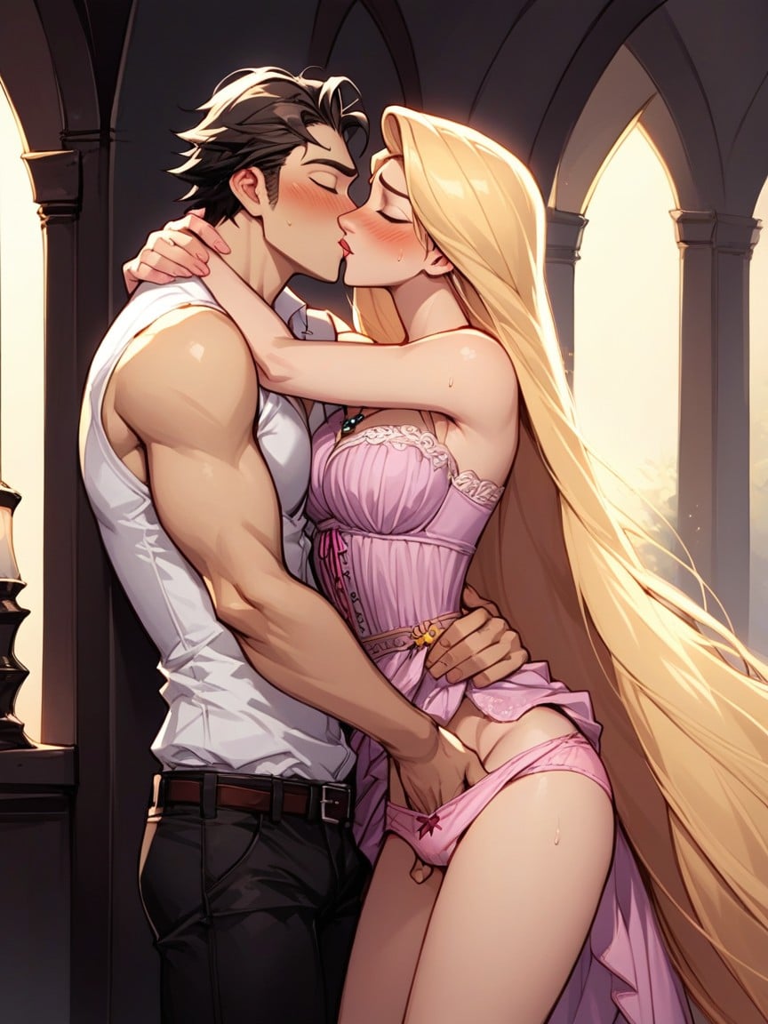 Rapunzels Arms Around Man’s Neck, Kissing, Rapunzel EmbarrassedAI 포르노