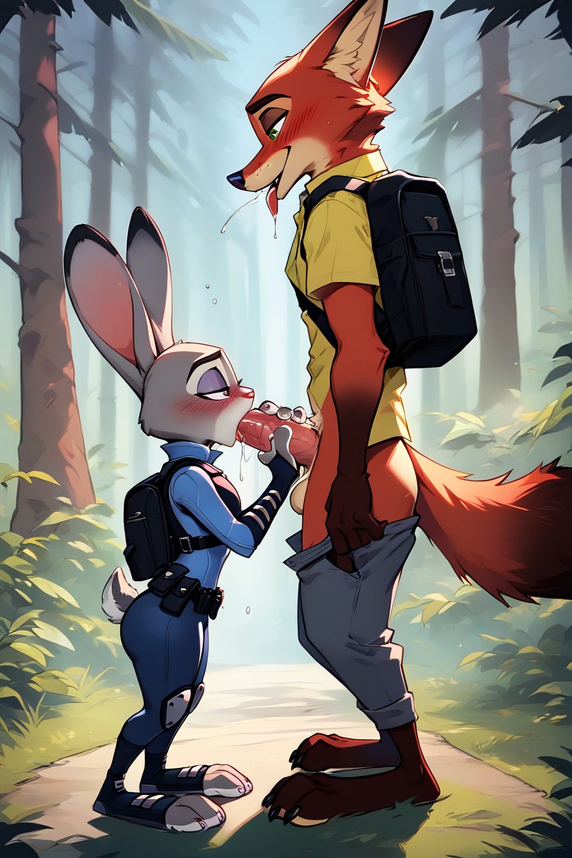 2 People, Judy Hopps From Zootopia Sucking Nick Wildes Large Penis, Forest Trail Furry AI Porn