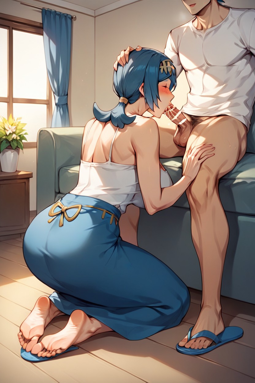 Kneeling, Long Blue Skirt, Living Room Hentai IA pornografia