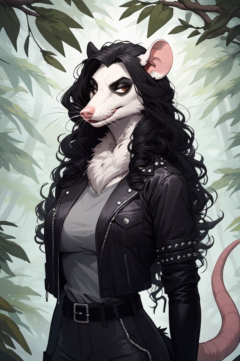 Light Grey Opossum, Cheveux Noirs, Black HairPorno IA Furry