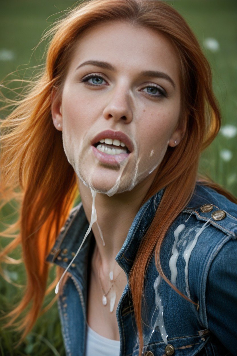 Cum Drenched Jean Jacket, Small Breast, Hair Blowing In Wind Shemale AI Porn