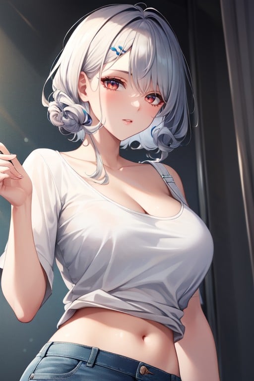 Red Eyes, Oversized T-shirt, Ash Hair AI Porn