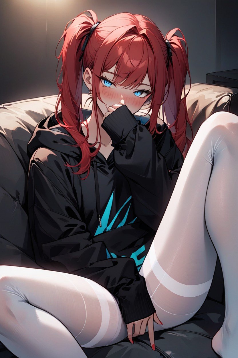 Hand Covering Mouth, Oversized Hoodie, Sitting Legs Spread Hentai AI Porn