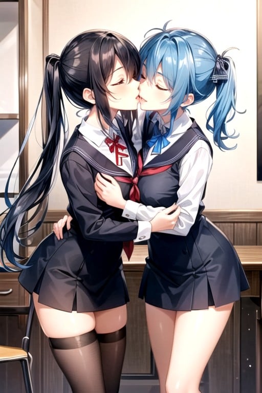 School Uniform, Blue Hair, Cute AI Porn