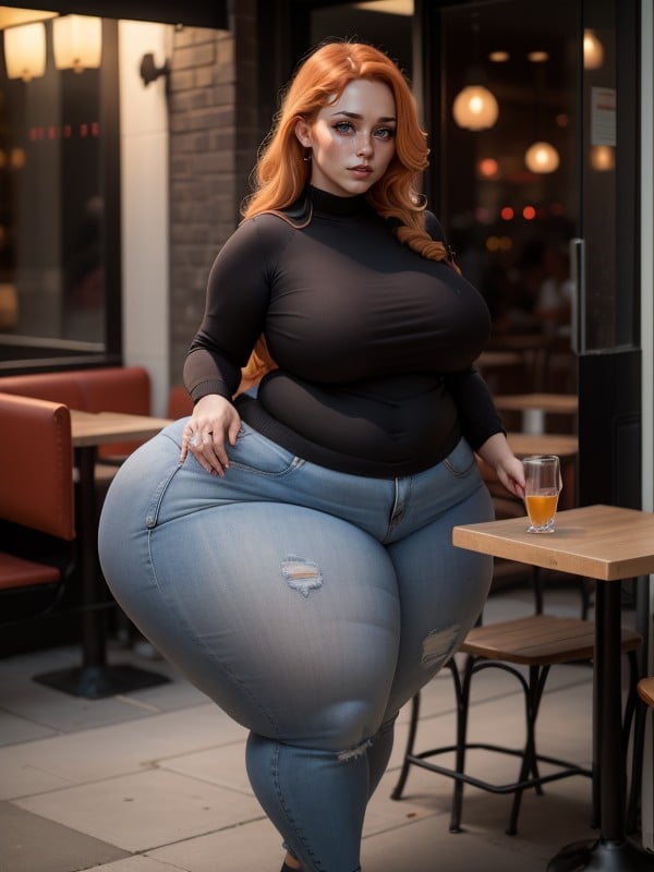 Full Body, Womans Hips Take Up Entire Restaurant Booth, Feedee Woman AI Porn