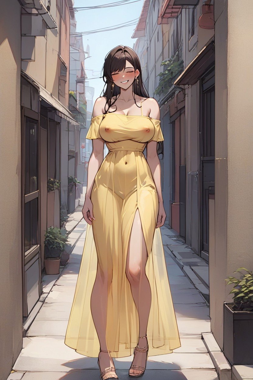 Yellow Off Shoulder Chiffon Dress, 苗條, Shady StreetAI黃片