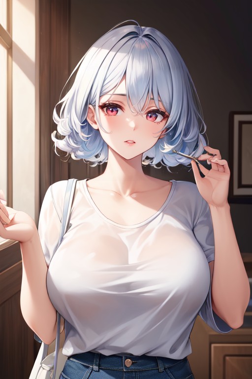 Oversized T-shirt, Jean Shorts, Ash Hair AI Porn