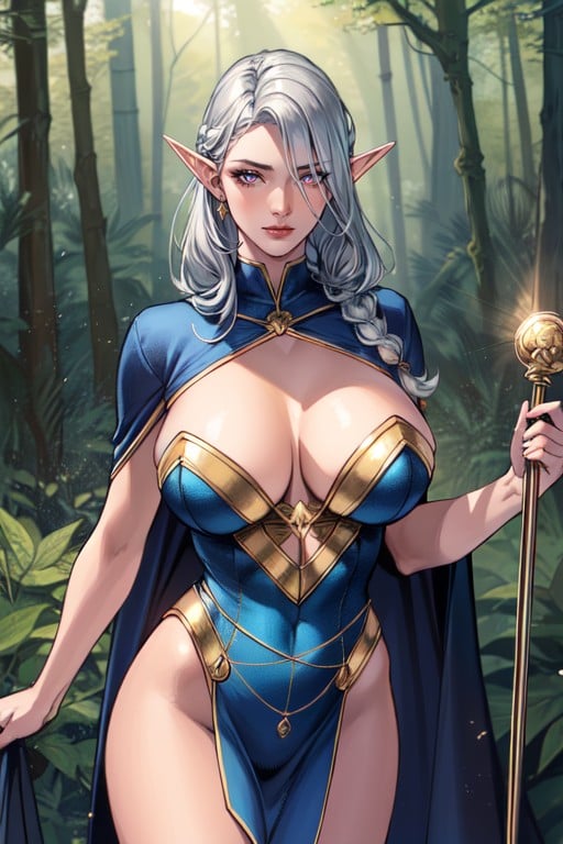 Elf Woman, Standing In Forest Holding Staff, Bande DessinéePorno IA