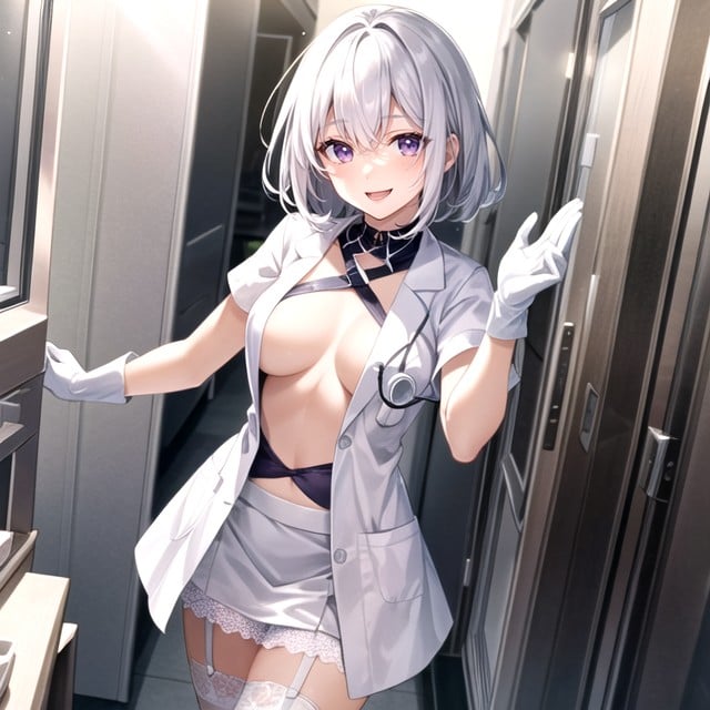 White Doctor Lab Coat, Right Purple Eyes, White Elbow Gloves AI Porn