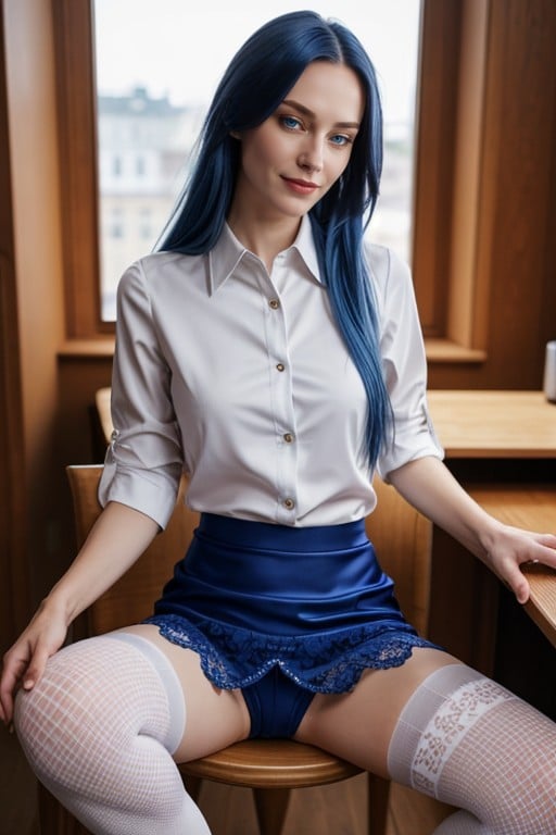 Blue Hair, Sitting Down Legs Spread, Slender Shemale AI Porn