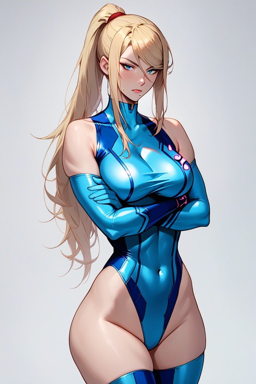 Breasts Cleavage, Soft Facial Features, Blue Zero Suit LeotardPorno IA