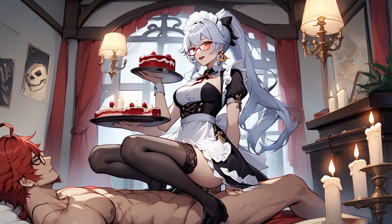 Holding A Tray With A Well Decorated Cake With Candles, The Body Is Dirty With Extoplasm Of A Delicate Purple Color, Crescent Shaped Earrings In White And GrayAI黃漫