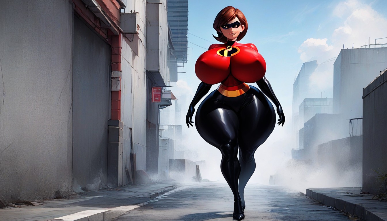 Helen Parr Of The Incredibles, Extremadamente Pesado En La Parte Inferior, With A Huge Hip Ready To Catch A Criminal But With A Seductive And Maternal Face Showing Where Her Enormous Erect Nipples Through Her Tight Superheroine CostumePorno AI