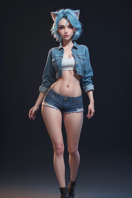 1 Person, Light Blue Hair, Denim Jacket Hentai AI Porn