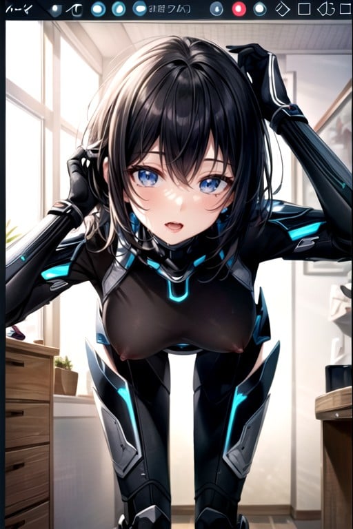 Black Hair, Touching Face, Robot Armor Shemale AI Porn