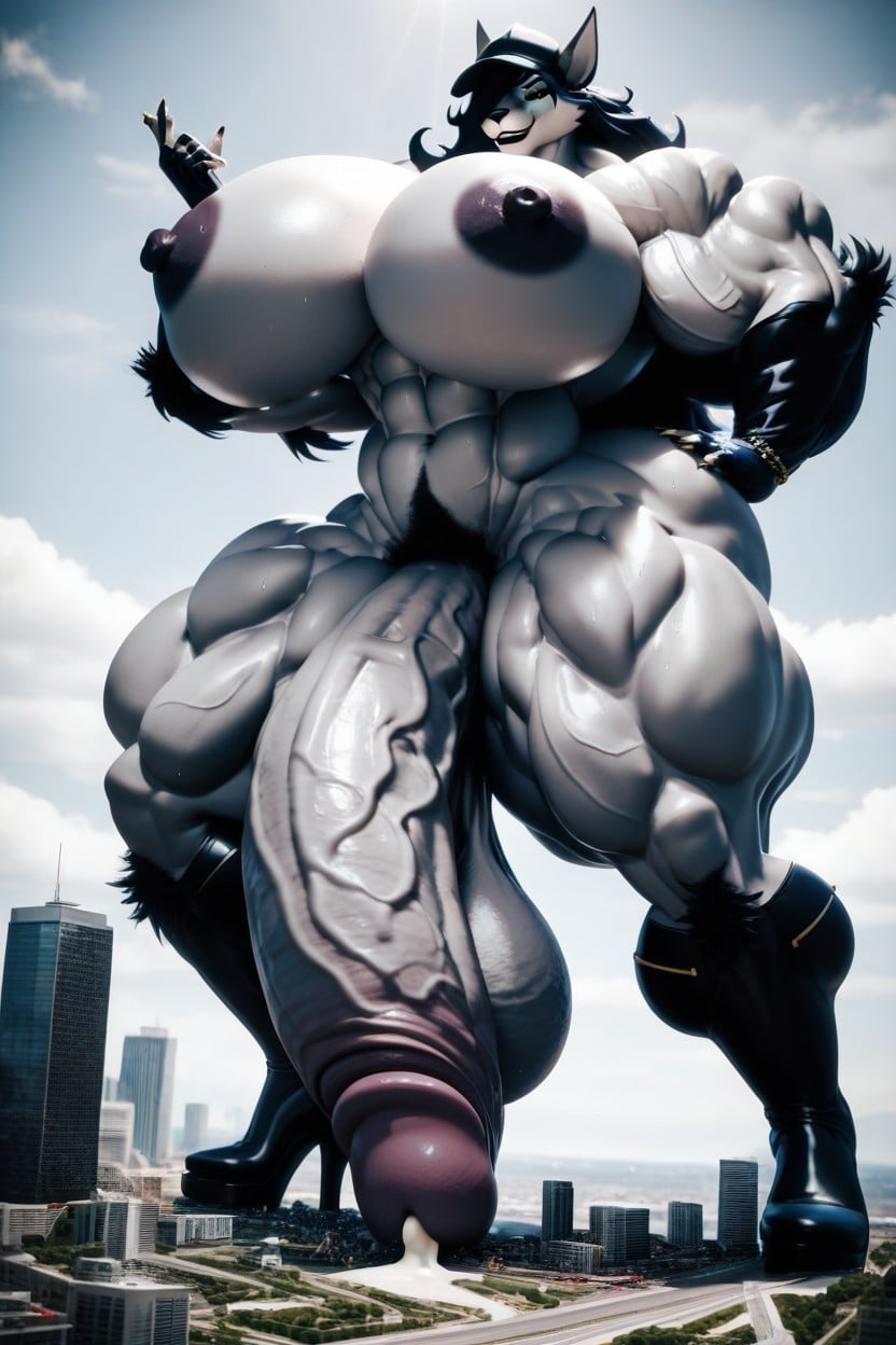 Knee Lengh Boots, Twin Cocks, Hyper Muscular Futanari Furry AI Porn