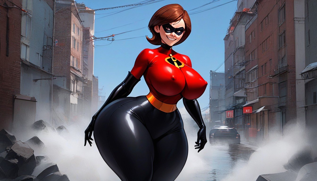 With A Huge Hip Ready To Catch A Criminal But With A Seductive And Maternal Face Showing Where Her Enormous Erect Nipples Through Her Tight Superheroine Costume, Hyper Hips, A Fat AssPorno IA Hentai