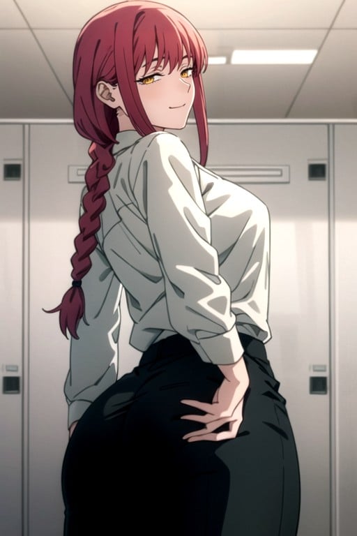 White Shirt On Her Upper Body And Tight Black Pants On Her Lower Body, Locker Room, 상향식쉬메일 AI 포르노