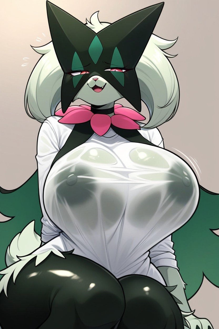 Meowscarada From Pokemon Female Massive Breasts Natural Breasts Massive Ass Rounded Ass Embarrassed Smiling With Open Mouth Squezzing Breasts Sitting With Open Legs Thick Thighs Choker Looking At The Viewer Wet Clothes Wearing Long Tshirt Person Soft Light, 능글맞은 표정, 버스트 샷퍼리 AI 포르노