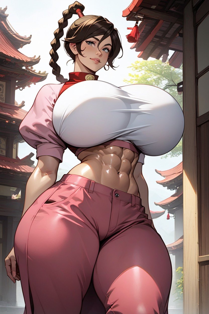 Oiled Skin, Leaving Her Midriff Exposed The Collar Of Her Top Is Red And Pointed She Wears A Long Skirt With Slits On The Sides Over Pink Pants Her Clothes Are Loose To Allow Her To Move Easily, 乳房扩张AI黄片