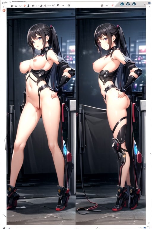 Robot Armor, Hands On Hips, Black Hair Shemale AI Porn