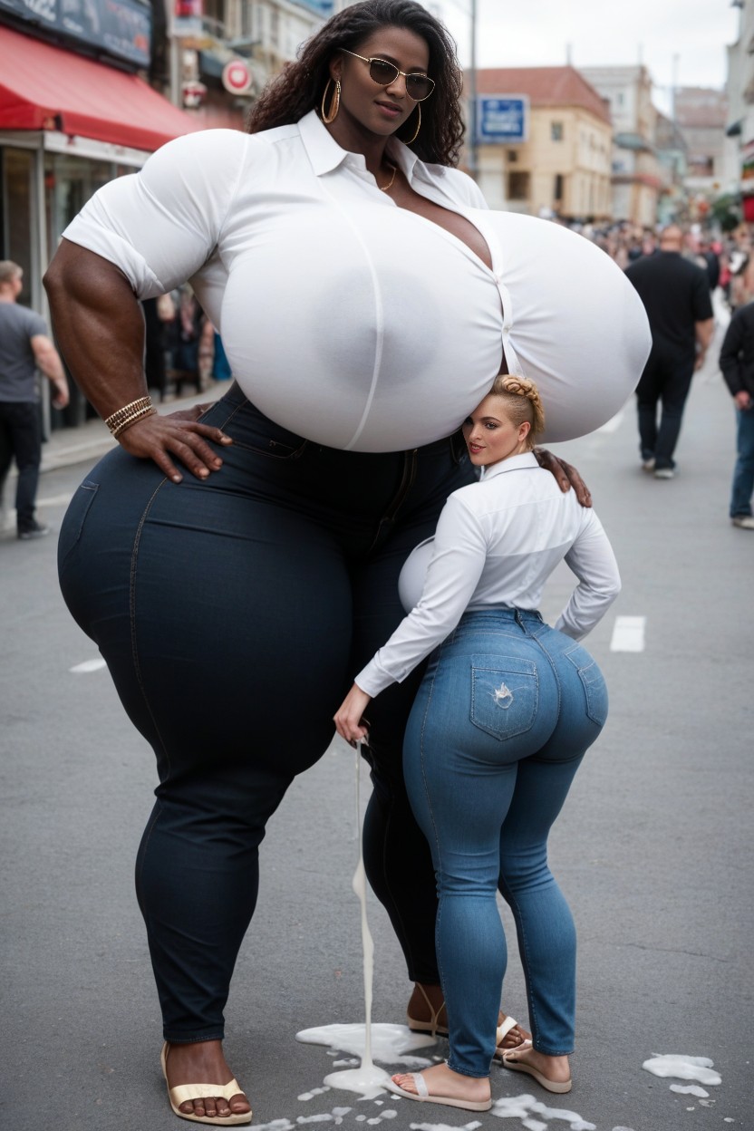 Husband Standing Next To Extremely Taller Woman, Gigantic Woman Completely Towering Over Black Man, Standing AI Porn