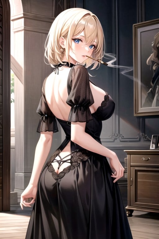 Blonde Hair, Woman From Behind Looking Back, Dark BackgroundPorno AI