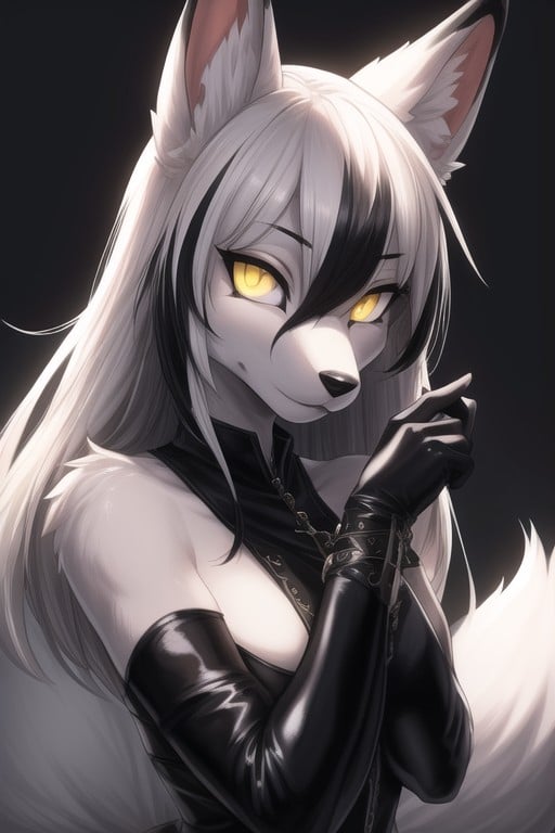 White Fluffy Fox Tail With Black Highlights, Shadowed Face, White Fox Ears With Black Highlights퍼리 AI 포르노