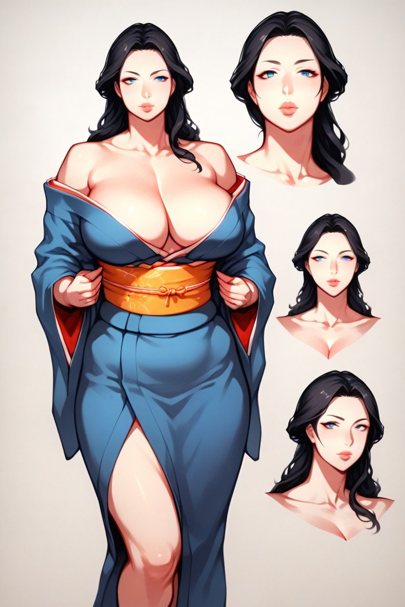 Plump Lips, Off Shoulders Kimono, Character Sheet Pornografia de IA