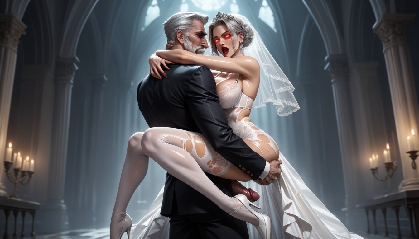 Pale Skin, Vampire Has Long Droopy White Mustache, Wedding Dress AI Porn