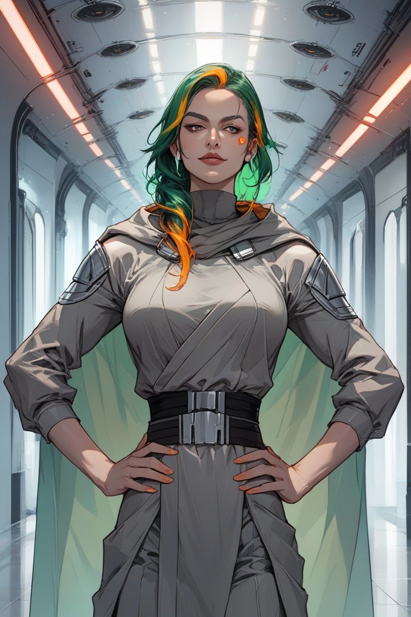 A Pretty Woman Pale Skin Shoulder Length Bright Green Hair Wearing Futuristic Grey Clothing With Orange Highlights Cape Futuristic Star Wars Style Hallway, 腰に手を当てる, バストショットファーリーAIポルノ