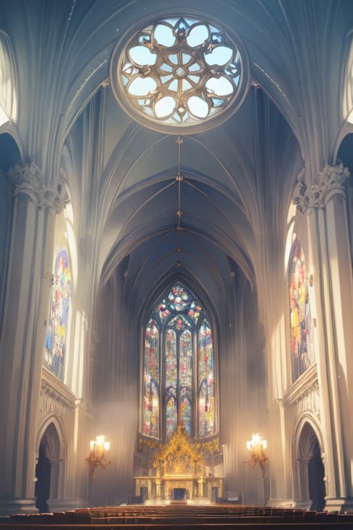 A Holy Church, Wide View, Beautiful Glass WindowsAIポルノ