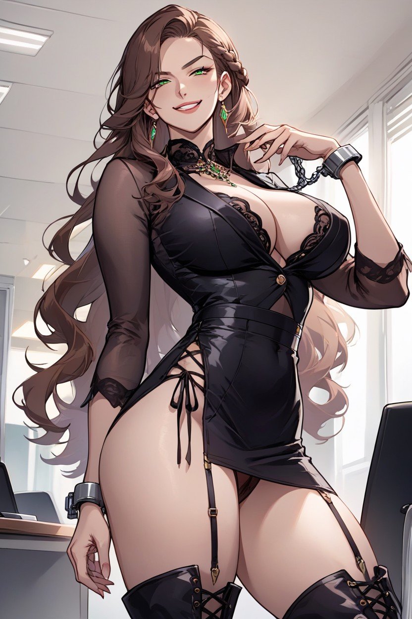 Burn All Over Her Body Up To Her Neck, Cuffs Showing Protection On The Right Arm And A Black Veil Thigh High Brown Leather Boots, Large And Perfect BreastsAI 포르노