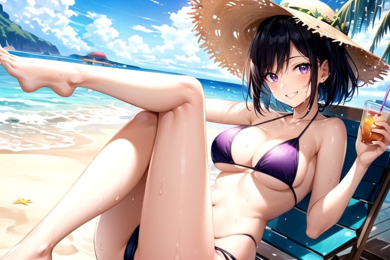 Beach, With A Soda In Her Hand And A Straw Hat, Grinning AI Porn