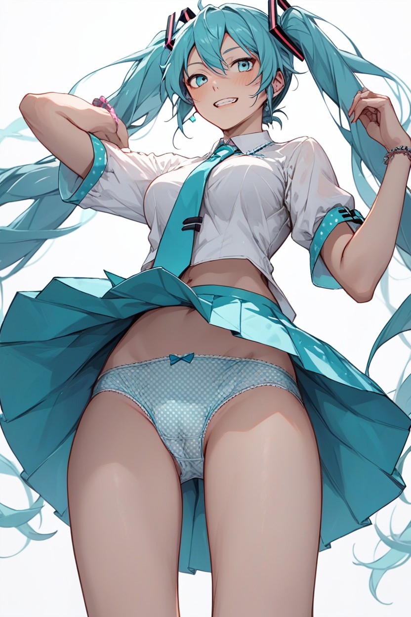 Upskirt, Hatsune Muki, Blue Polka Dots PantiesPorno AI