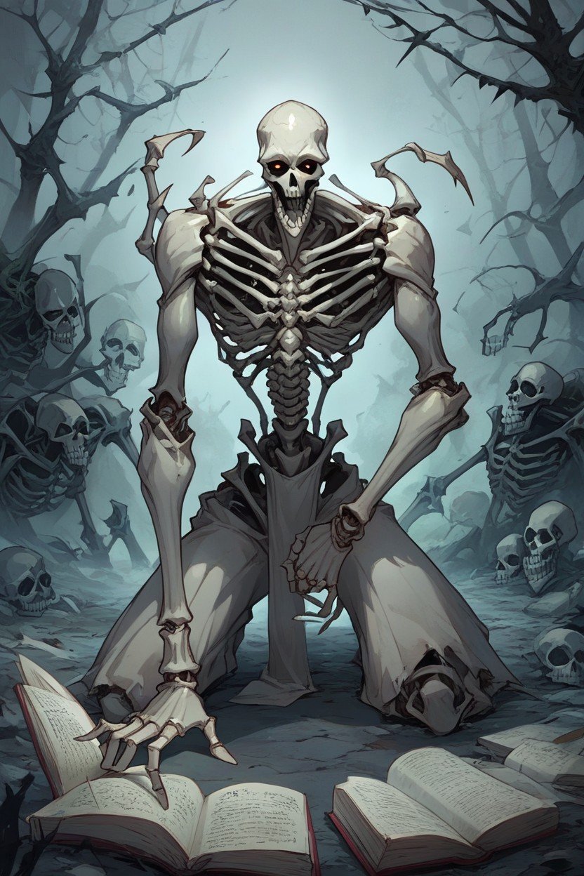 Skeletons Crawling Out Of Cemetery Ground In Background, Skeleton Holding Open Book, Casting Spell Furry AI Porn