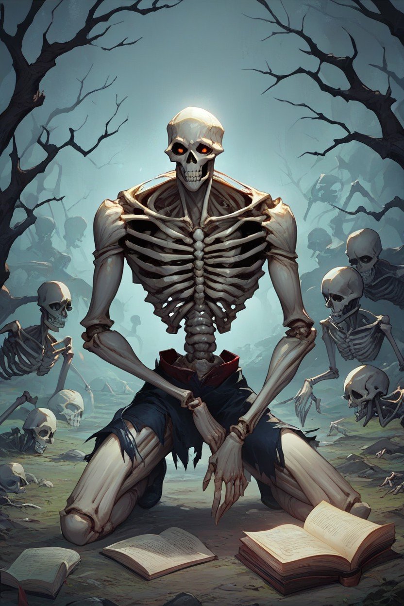 Skeletons Crawling Out Of Cemetery Ground In Background, Sexy Woman Necromancer Being Dominated By Skeleton King, Sparking Green Irises AI Porn