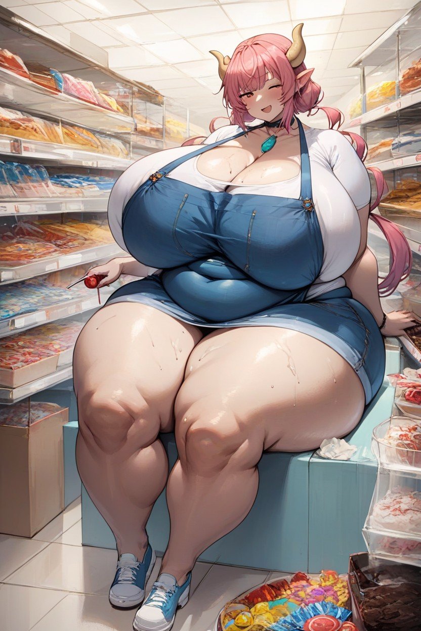 Bonitinho, Sitting In A Candy Store Wearing A Blue Apron, Massive Ass Pornografia de IA