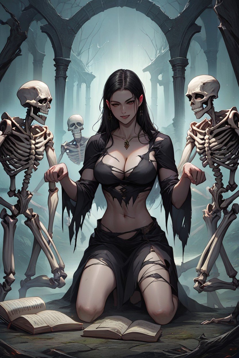 Skeleton Holding Open Book, Detailed Bodies, Torn Clothes On WomenファーリーAIポルノ