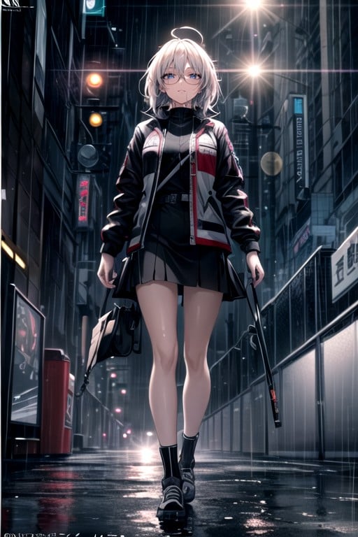 Cyberpunk City, Jacket, White Hair AI Porn