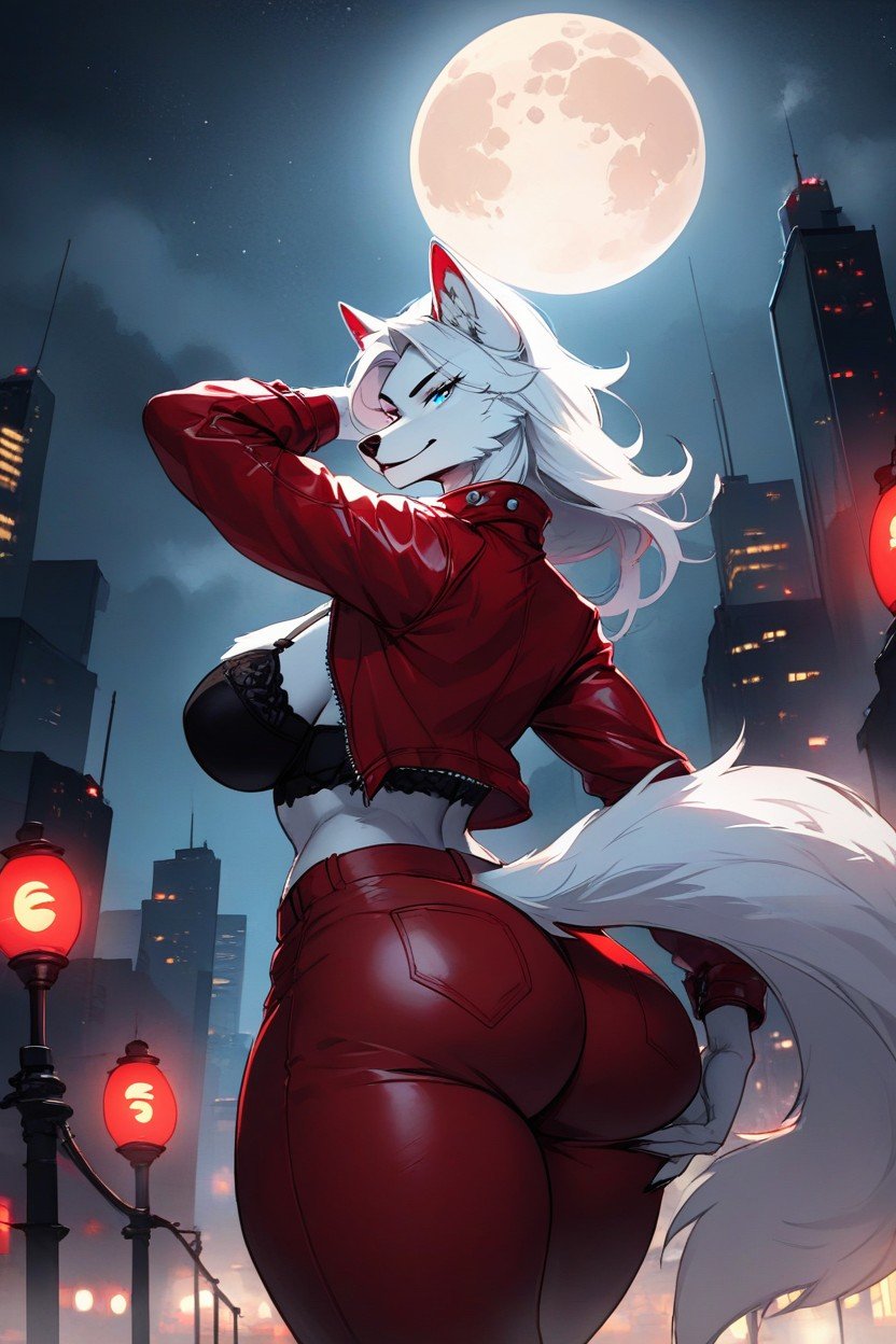 Night, Red Leather Jacket, Female Arctic Wolf퍼리 AI 포르노