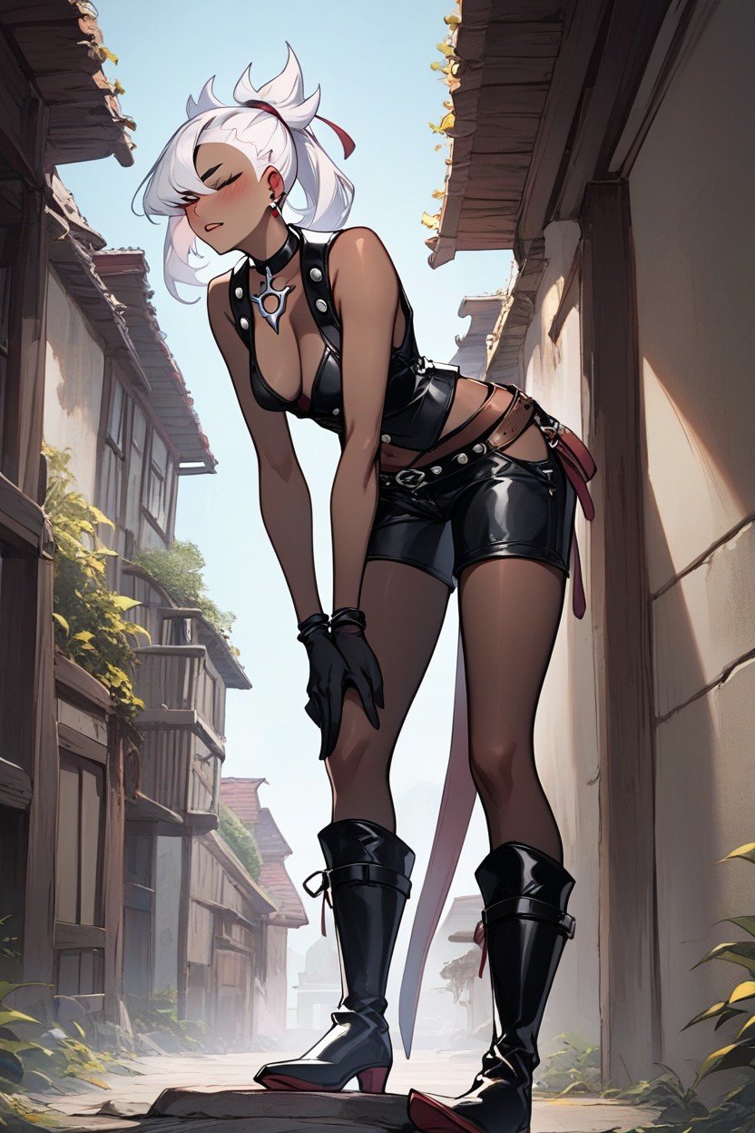 Saggy Breasts, Black Leather Shorts Sleeveless Black Vest Black Long Boots Black Long Assassins Gloves Medieval Pub Natural Breasts, Dark Skinned SarashiAI黃片