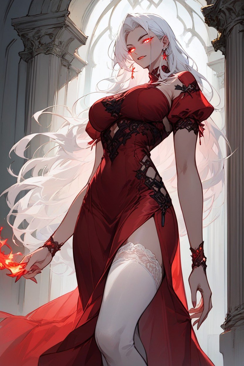 Red Glowing Eyes, White Hair, Tall Woman Pornografia peluda com IA