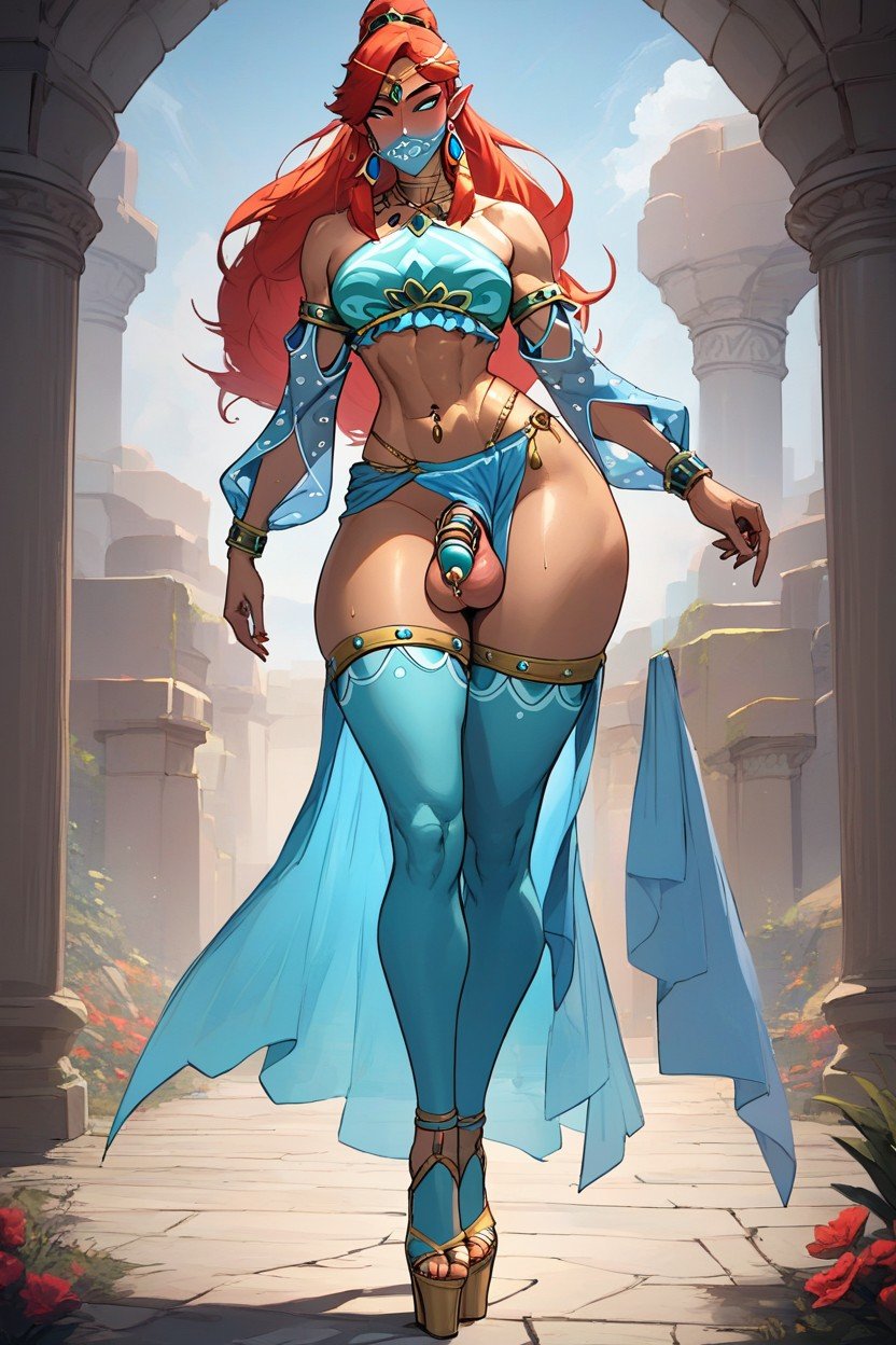 Wearing Platform Heels, Gerudo Link, Extremly Wide Hips Cinched Waist Huge Dangly Belly Ring Furry AI Porn