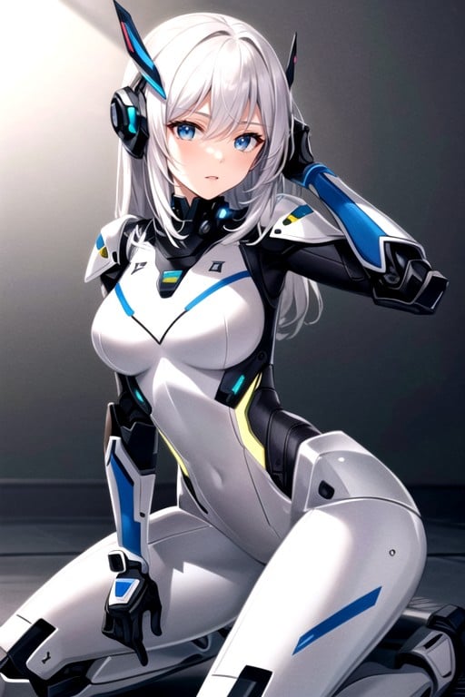 White Hair, Touching Face, Robot Armor Hentai AI Porn