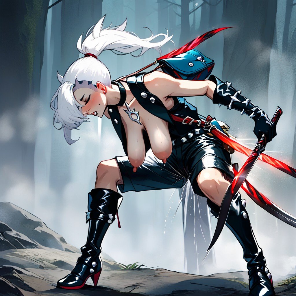 Thrusting Breasts, Black Leather Shorts Sleeveless Black Vest Black Long Boots Black Long Assassins Gloves, Assassin Slashing Two Daggers While In The Air Blade Glowing Multiple Glowing Slashes퍼리 AI 포르노